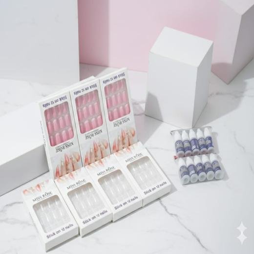 Miss Rose 12 Pcs White, Pink Square Fake Nails With Box –Full Cover Nail